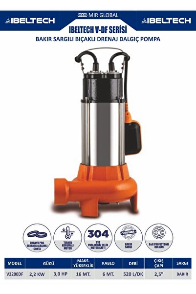 İBELTECH V2200DF Bakır Sargılı Paslanmaz Çelik Bıçaklı Atık Su Logar Drenaj P...