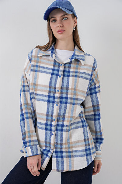 Merterium Women's Plaid Pattern Oversize Lumberjack Shirt 1365 - A.Ecru