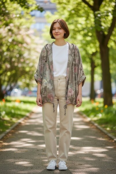 Park Moda Patterned Linen Jacket with Folded Sleeves and Hood