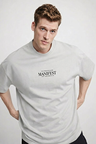 COMBİNE MİCHAİL Erkek Manifest Baskılı Oversize Gri Tişört