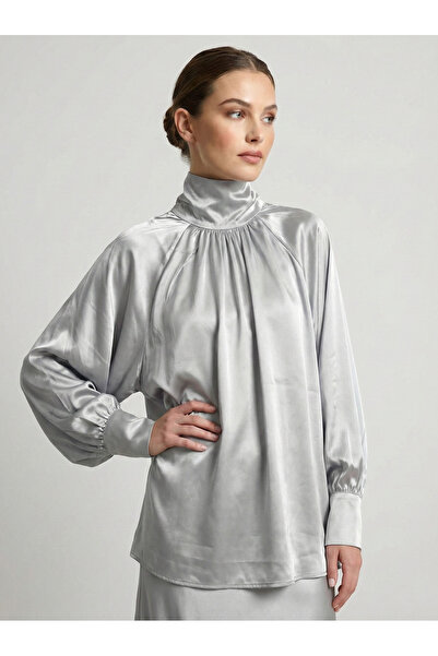 NEW JOURNAL Women's Gray Balloon Sleeve Satin Shirt Nj99