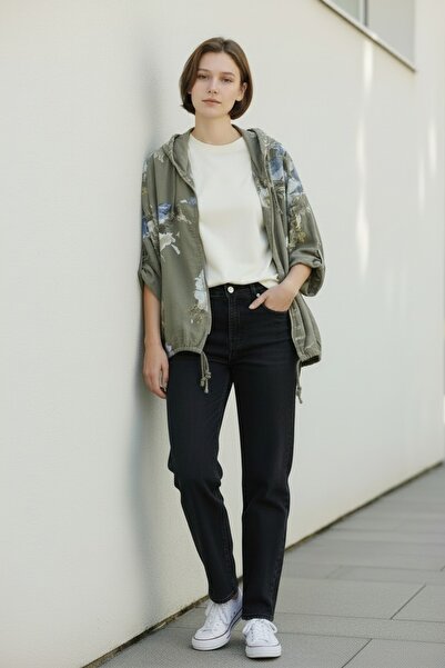 Park Moda Patterned Linen Jacket with Folded Sleeves and Hood