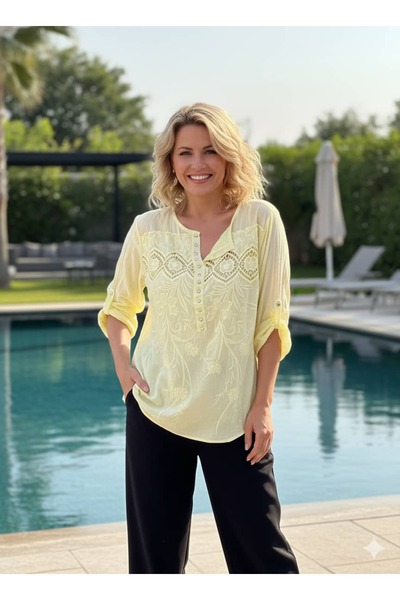Punta Otantik Yg18297 Embroidered Sequin Detailed Blouse Light Yellow
