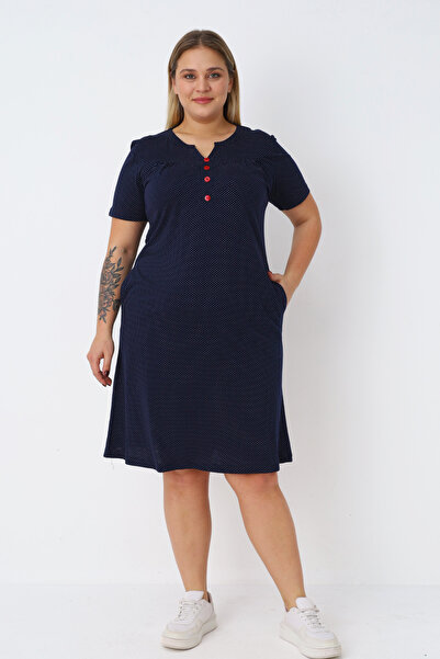 İntensive Navy Blue Polka Dot Short Sleeve Pocket Buttoned V-Neck Cotton Wome...