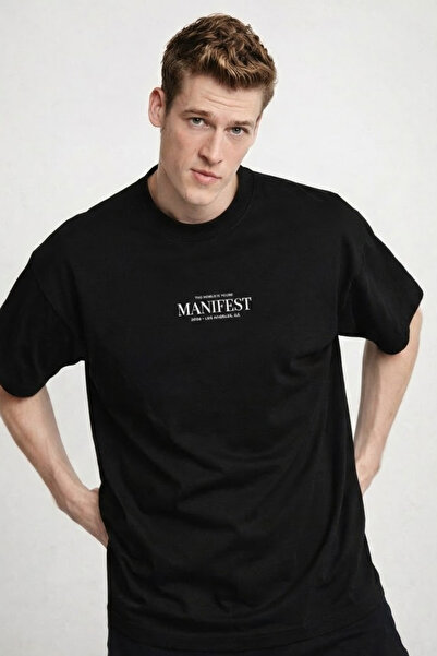 COMBİNE MİCHAİL تي شيرت أسود كبير الحجم مطبوع عليه مانيفست للرجال