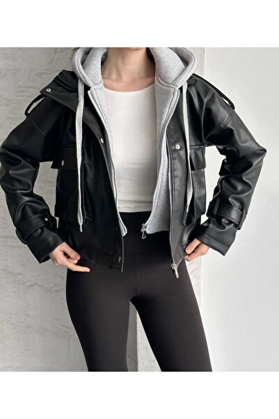 VESS MODA New Season Hooded Detailed Leather Jacket