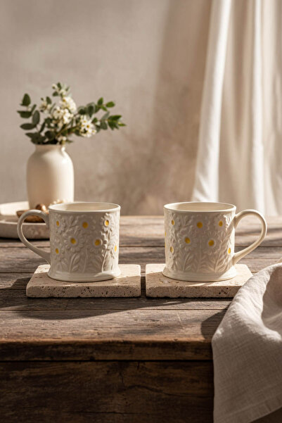 Anadolu Saray 2’li El Yapımı Seramik Kabartma Papatya Desenli Mug Kupa Fincan