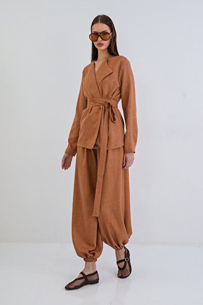 Trend Alaçatı Stili Women's Cinnamon Linen Jogger Pants with Elastic Cuffs an...