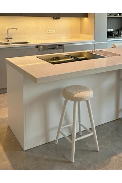 silla Concept Bar Tabure Teddy Krem Kumaş Beyaz Ahşap Ada Taburesi