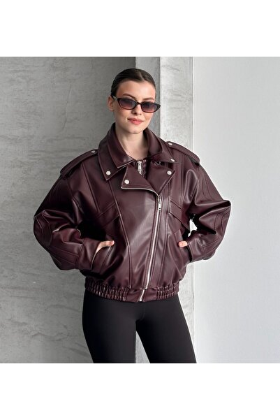 VESS MODA Brand Model New Season Leather Jacket with Elastic Waist Detail