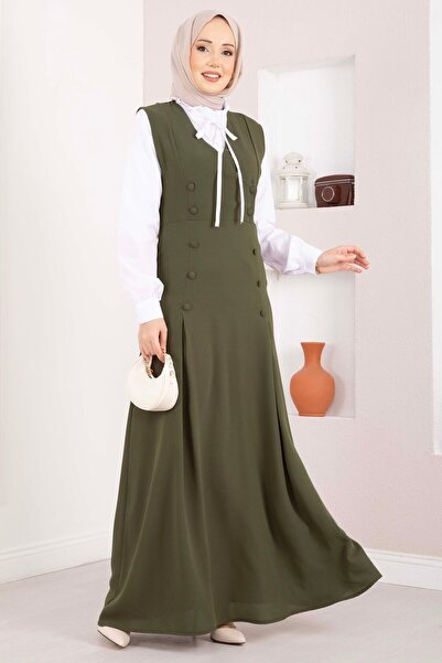 Asm قميص أنيق وطقم جيليه بأزرار مكون من قطعتين باللون الكاكي