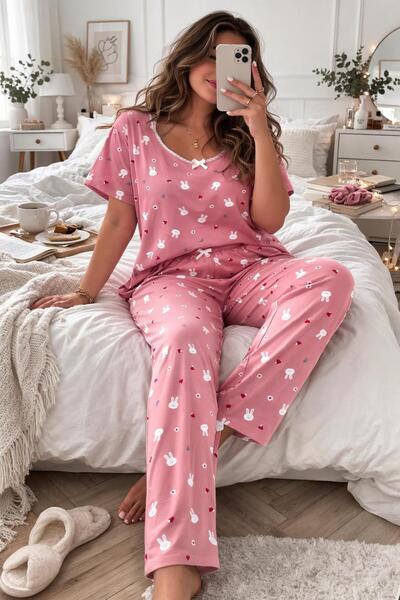 Mihra KADIN TAVŞAN DESEN PUDRA PİJAMA TAKIMI