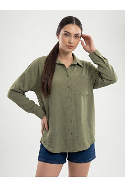 Merterium Women's Single Pocket Oversize Linen Shirt 1073 - A.Khaki