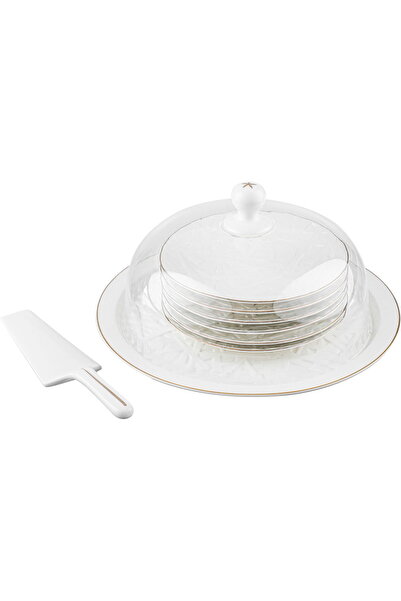 Generic طقم تقديم كيك من البورسلين من السيف جاليري، 8 قطع مع أطباق، خط ذهبي -...