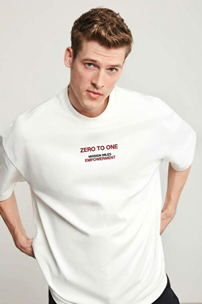 COMBİNE MİCHAİL Men's Zero Printed Oversize Ecru T-Shirt