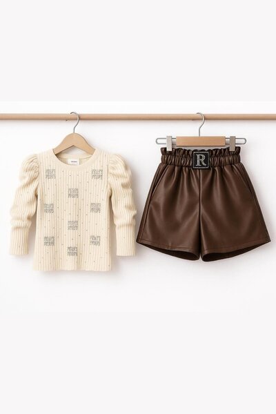 Trend Baby Kids Kız Çocuk Bej Renk Bluz Suni Deri Şortlu