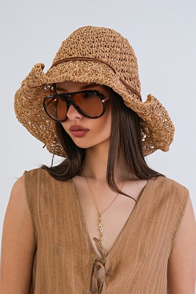 Trend Alaçatı Stili Women's camel leather bowknot straw knitted beach hat alc...