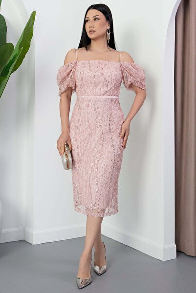 PULLIMM Kare Yaka Balon Kol Boncuklu Dantel Elbise BAL168
