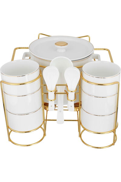 Generic One More Porcelain Soup Set with Stand, 16 Pieces - White Gold