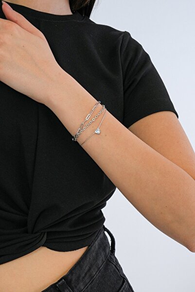 Trend Alaçatı Stili مجموعة أساور سلسلة فولاذية بحجر الزركون الفضي على شكل قلب...