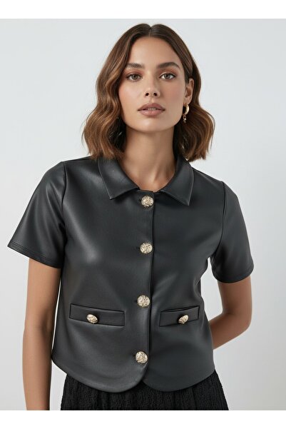 Merlot Buttoned Pocket Detailed Cropped Leather Jacket