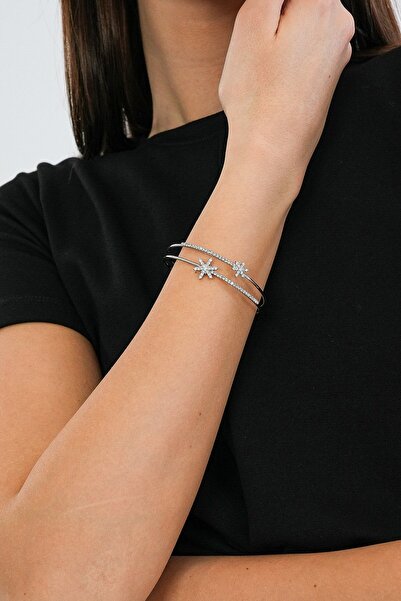 Trend Alaçatı Stili Kadın Silver Zirkon Taşlı Ayarlanabilir Çelik Kelepçe Alc...