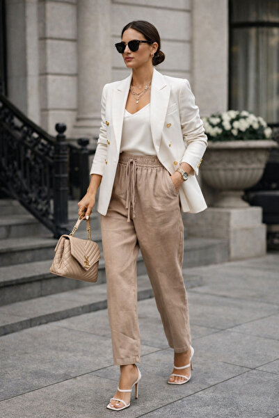 Akasha Design Beli Lastikli Bağcıklı havuç Kesim Pantolon – Bej