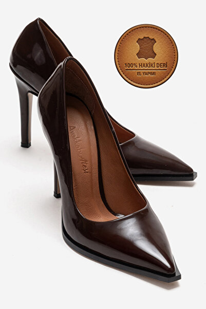 Ayakkabı Ateşi Genuine Leather Brown Patent Leather Pointed Toe Flat Sole Sti...