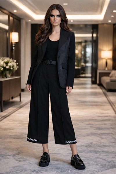 MODA TEK DÜĞMELİ ŞERİT SIRT DETAYLI SİYAH CEKET