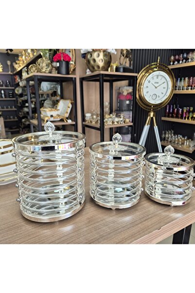 ERVA Hinora Cam Çizgili Desen Aynalı Üçlü Şekerlik Seti