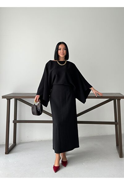 MODAMERSİ Women's Black Bat Sleeve Tie Back Dress