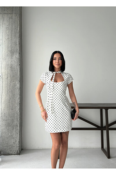 MODAMERSİ Women's White Polka Dot Dress