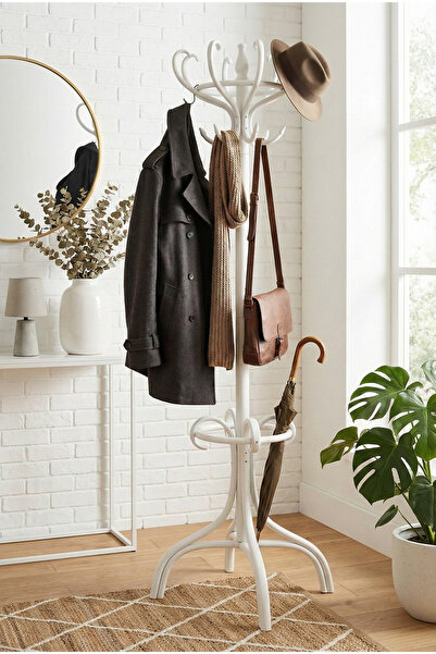 Woodenbend Class Beyaz Ahşap Ayaklı 8'li Thonet Askılık – Beyaz Ahşap Gövdeli...