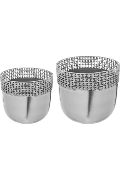 Generic Al Ain Al Ndalusia Nickel Planter and Stand Set, 3 Pieces - Silver