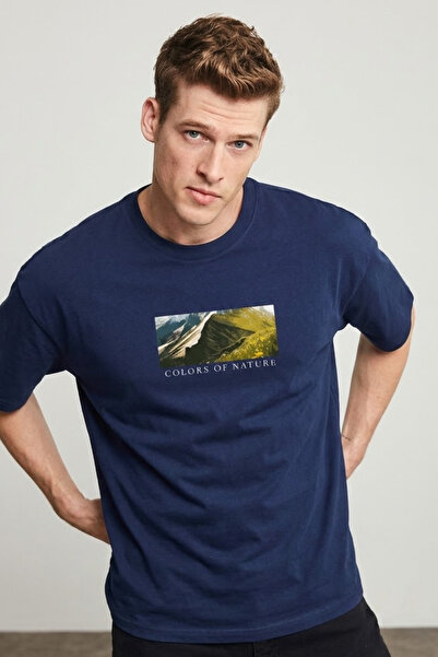 COMBİNE MİCHAİL Men's Landscape Print Oversize Navy Blue T-Shirt