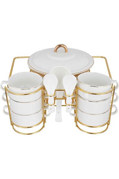 Generic One More Porcelain Soup Set with Stand, 16 Pieces - White Gold