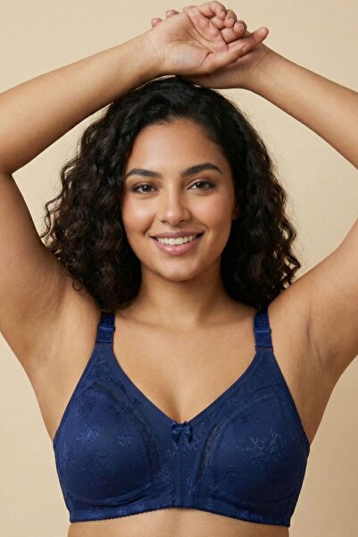 enmodaiçgiyim Navy Blue Gathering Bra, Sponge-Free, Wire-Free, Seamless, Lace...