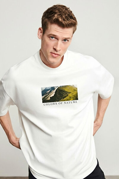 COMBİNE MİCHAİL Men's Landscape Printed Oversize Ecru T-Shirt