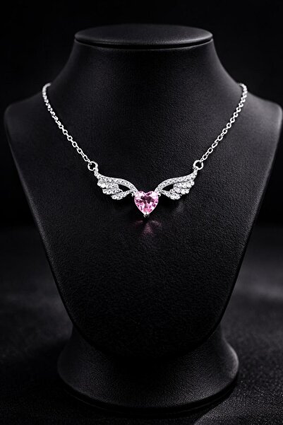 LuneraDesign Çelik Melek Kanatlı Kalp Taşlı Gümüş Renk Zirkon Taşlı Kadın Kolye