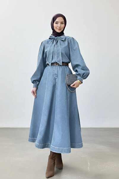 NERA GİYİM Denim Skirt and Bow Collar Blouse 2-Piece Set - Blue