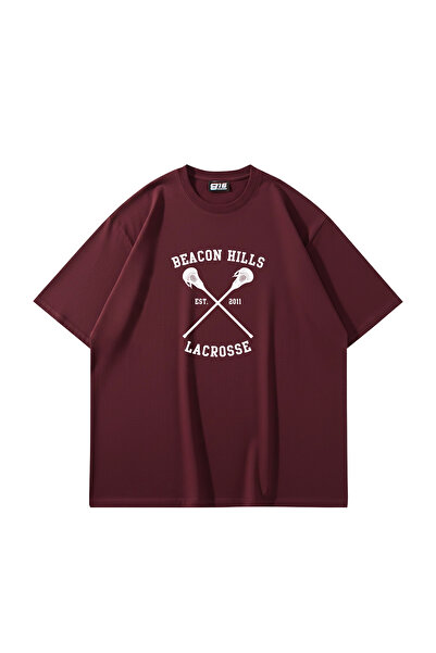 Bak Moda Beacon Hills Printed Oversize Unisex Claret Red Tshirt
