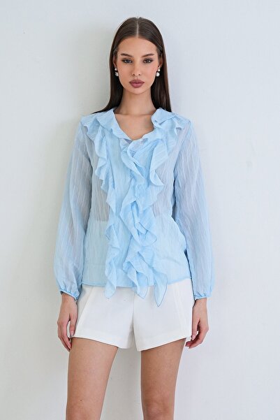 Trend Alaçatı Stili Women's Blue V-Neck Ruffle Detailed Dobby Woven Blouse Al...