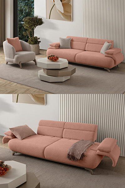 Eymense Bonjo Sırt Mekanizmalı Kasalı Koltuk Takımı 3+1 Pudra