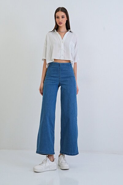 Trend Alaçatı Stili Kadın Mavi Yüksek Bel Beli Lastikli Wide Leg Jean Pantolo...