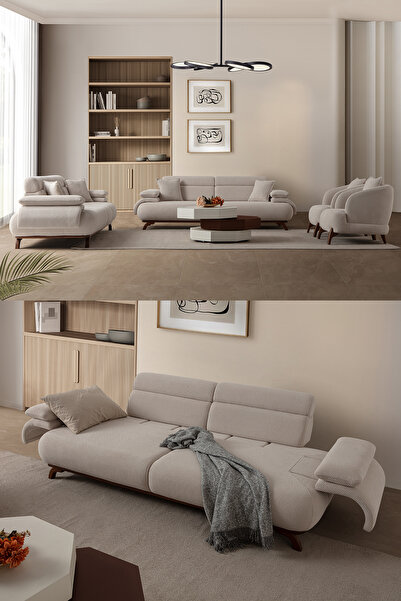 Eymense Bonjo Sırt Mekanizmalı Ceviz Kasalı Koltuk Takımı 3+3+1+1 Bej