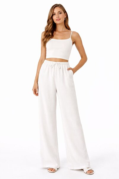 Maison La Femme Women's Linen Trousers with Elastic Waist and Loose Fit