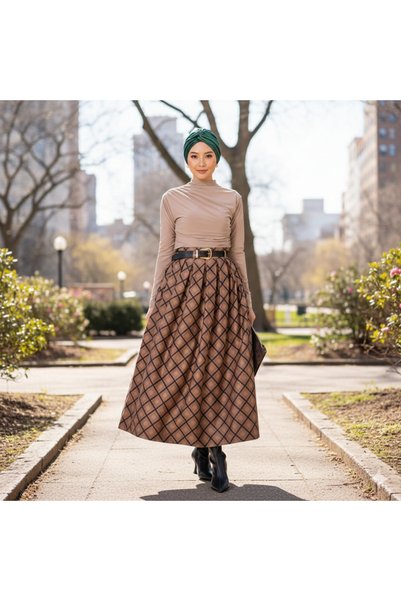 Akkaya Patterned Pleated Detailed Belted Skirt