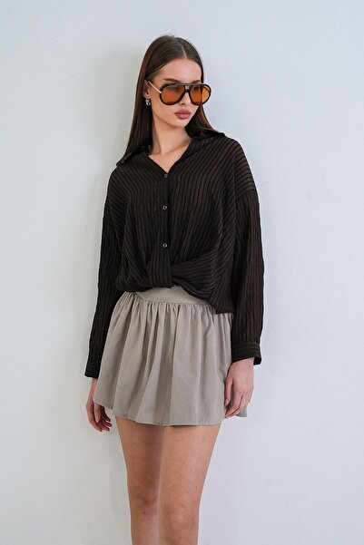 Trend Alaçatı Stili Women's Bitter Brown Shirt Collar Dobby Twisted Detailed ...