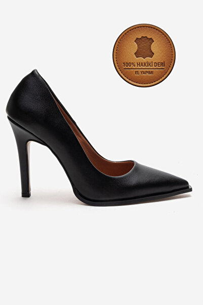 Ayakkabı Ateşi Hakiki Deri Siyah Deri Sivri Burunlu Küt Tabanlı Stiletto Yüks...