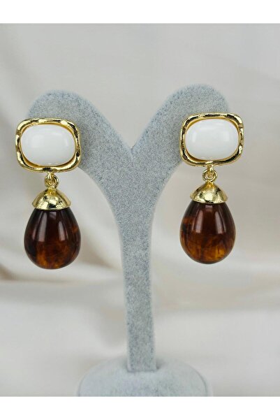 ZS Aksesuar Gold Framed Brown Drop Dangle Earrings with White Detail